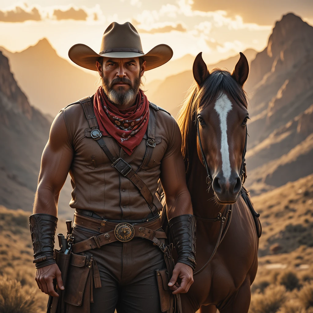 Stoischer Cowboy und Mustang im goldenen Bergsonnenuntergang