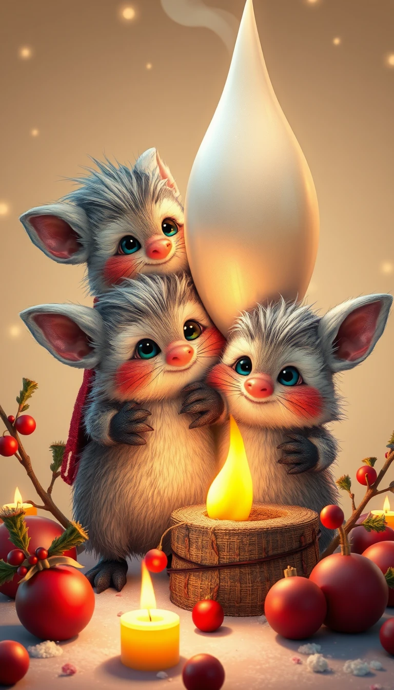 Two cute Christmas elves lighting a tall white candle