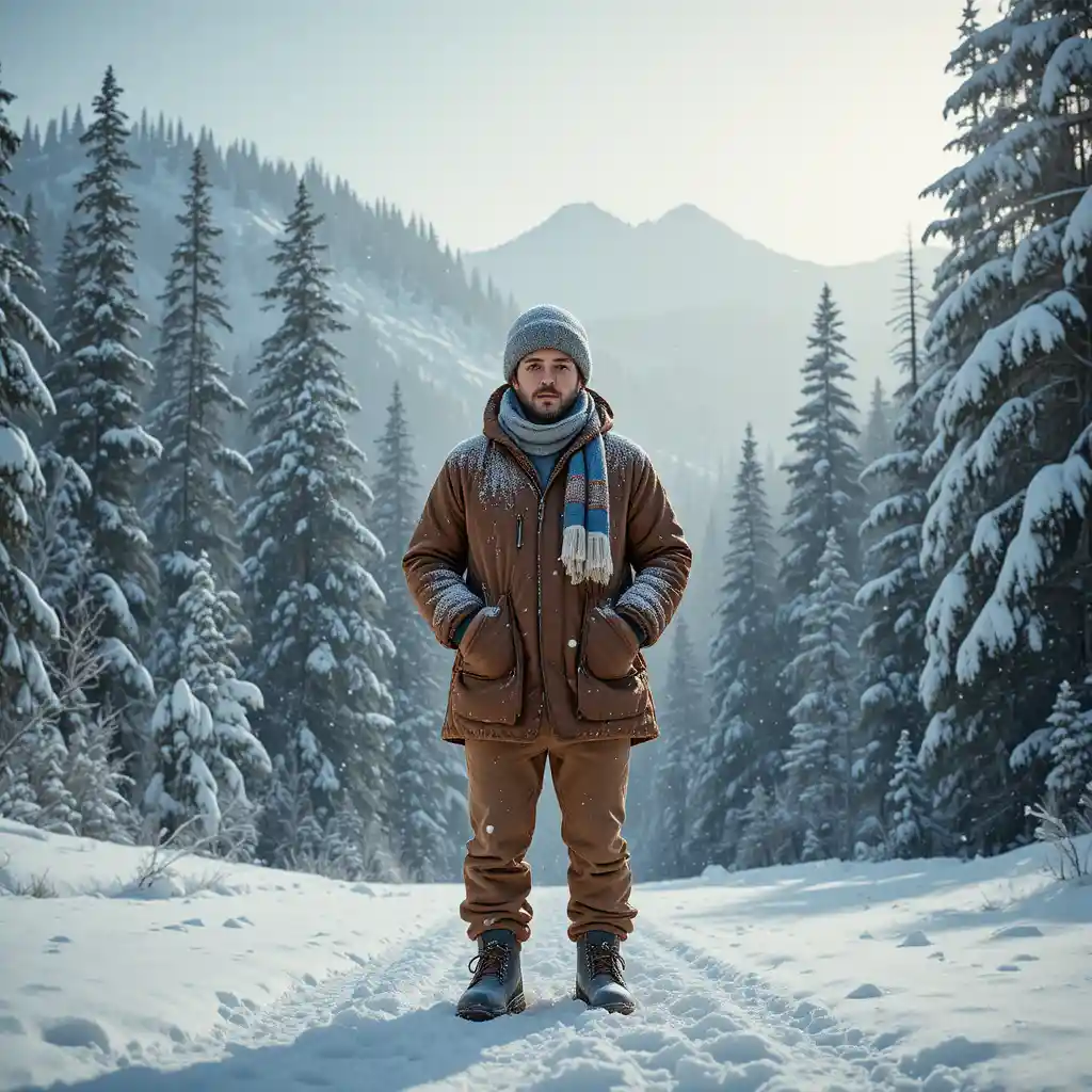 Man standing in snowy forest with gentle falling snow