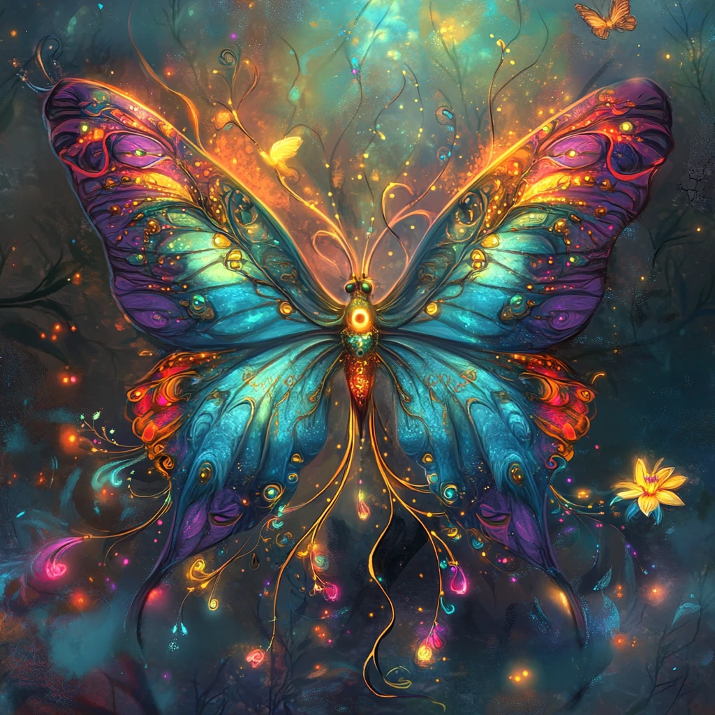 Ethereal butterfly of fire and ice in twilight forest