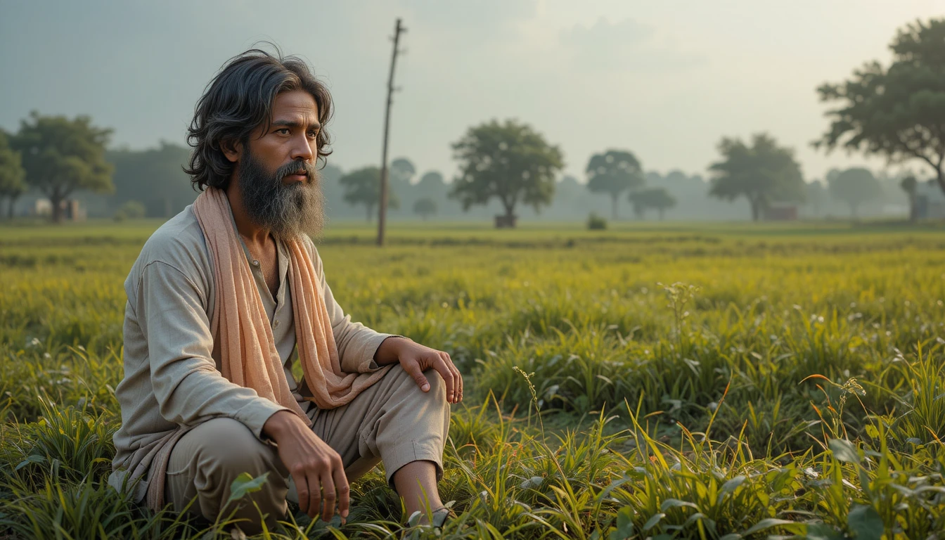 Village boy studying by oil lamp after a long workday