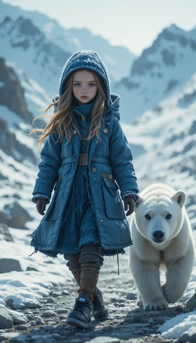 Little girl and polar bear cub walking in snowy mountains