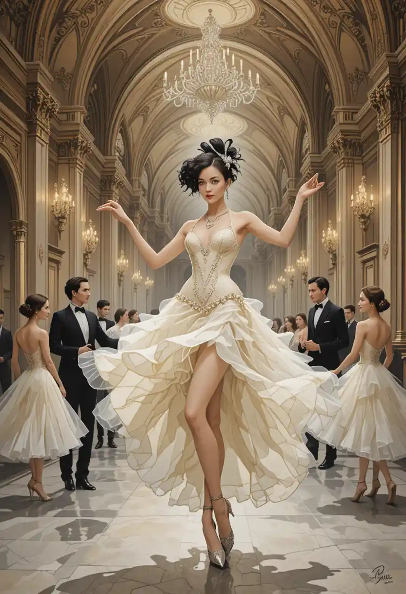 Flapper cabaret dancer in baroque ballroom watercolor scene