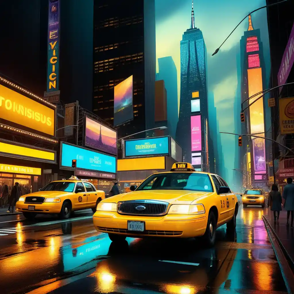 Calle concurrida de Nueva York de noche con un taxi amarillo a toda velocidad