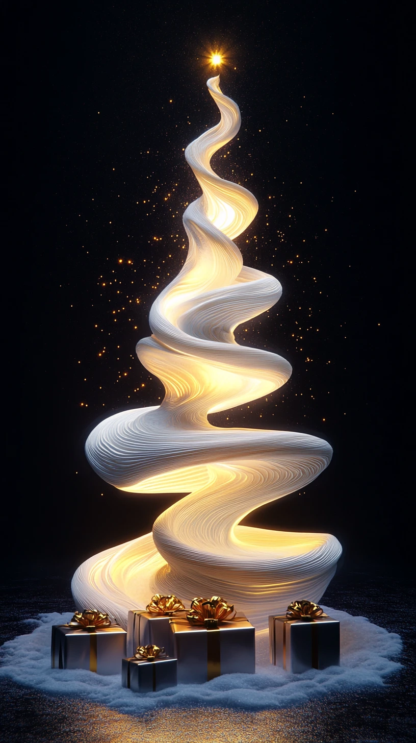 Abstract ribbon Christmas tree glowing over dark snow