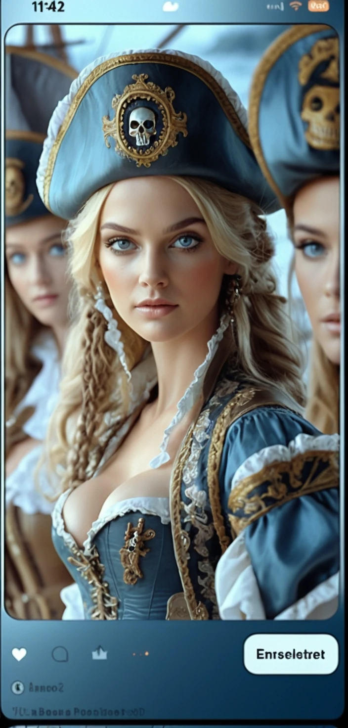 Confident blonde pirate woman on ship deck portrait