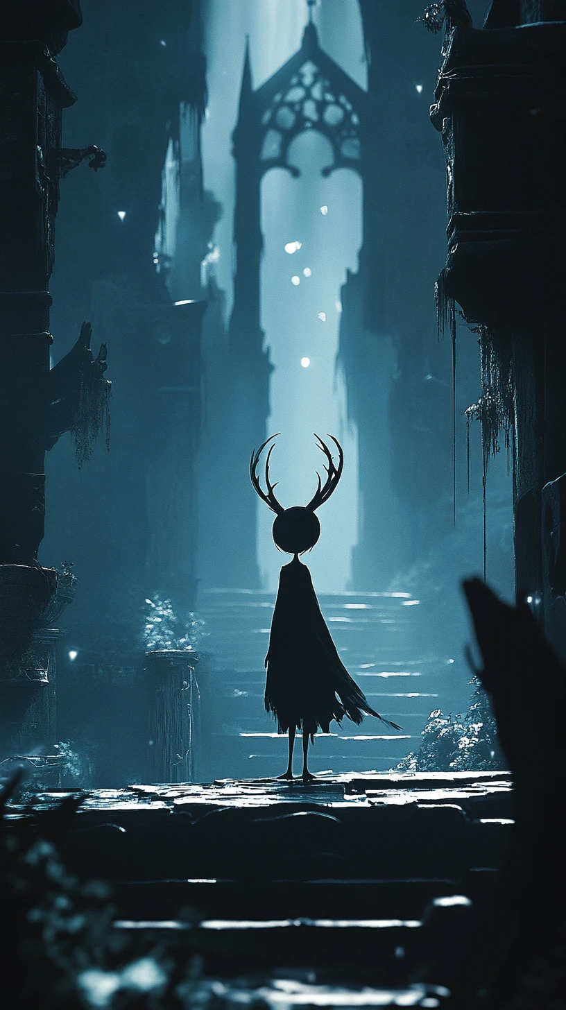 Ragazza d’ombra in una cupa città fantasy dall’atmosfera intensa