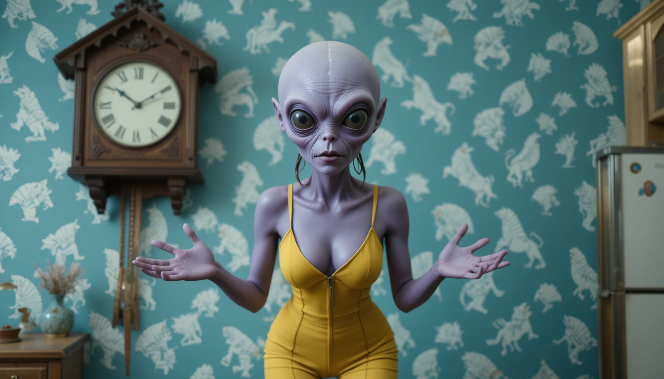 青綠圖紋牆前的黃連身裝紫色外星人