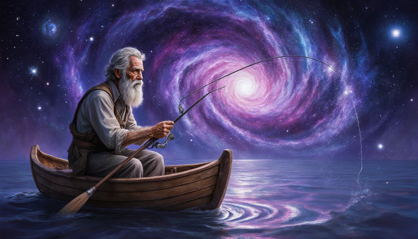 Weathered fisherman casting a line on a cosmic sea