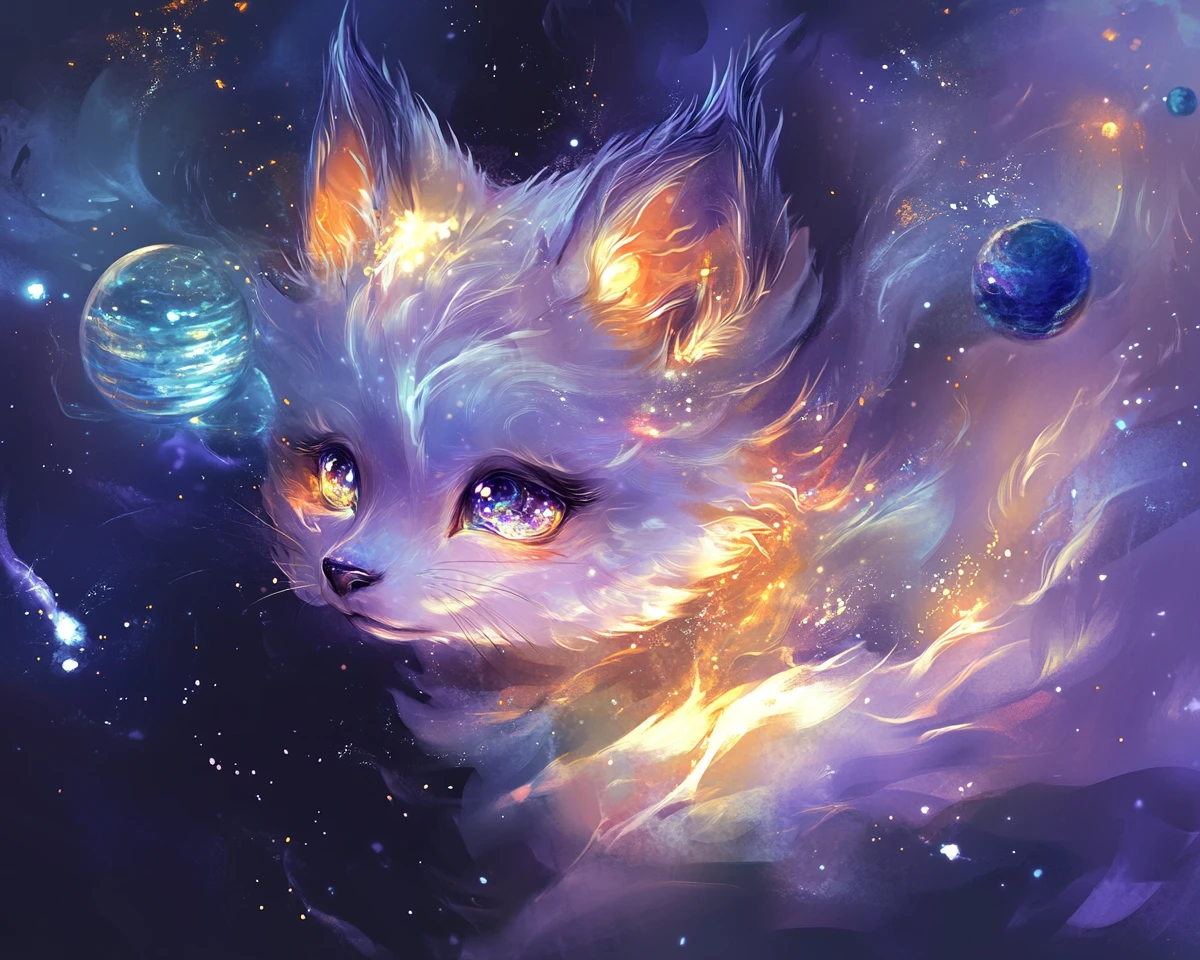 在發光宇宙中輕盈漂浮的Q版宇宙狐狸