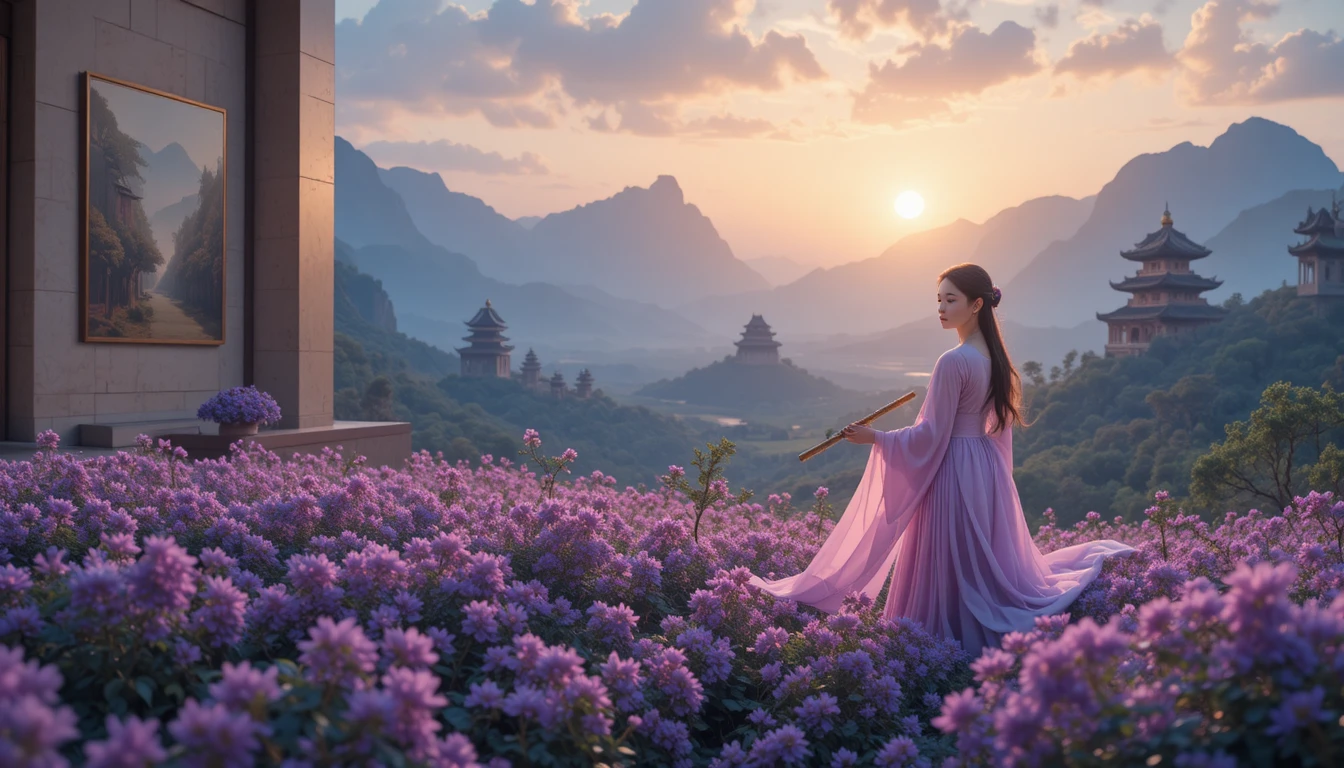 Girl crossing from modern museum into ancient flowered valley