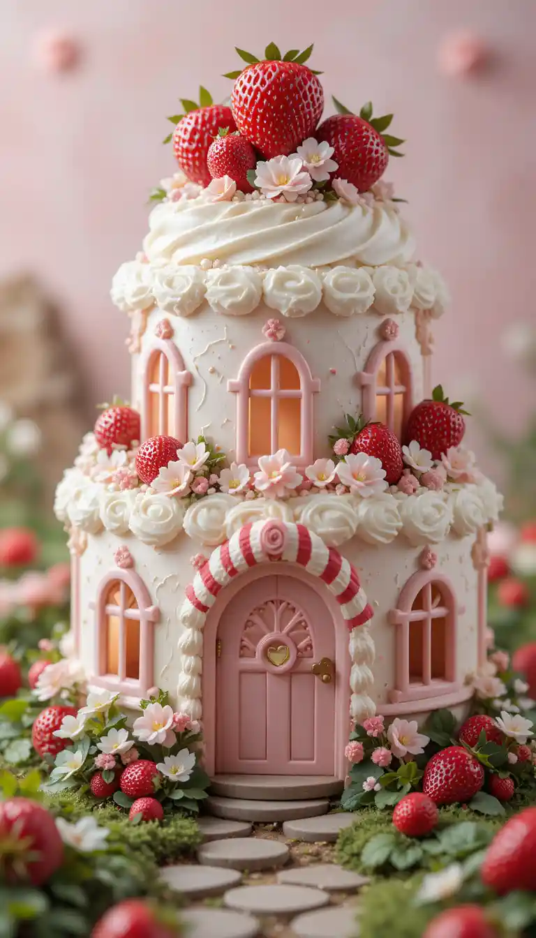 Fairytale Strawberry Cake House In A Soft Green Garden