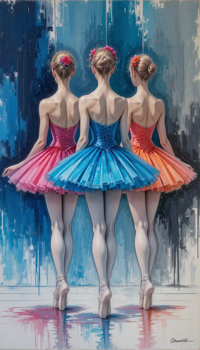 Impressionist painting of three ballerinas standing en pointe