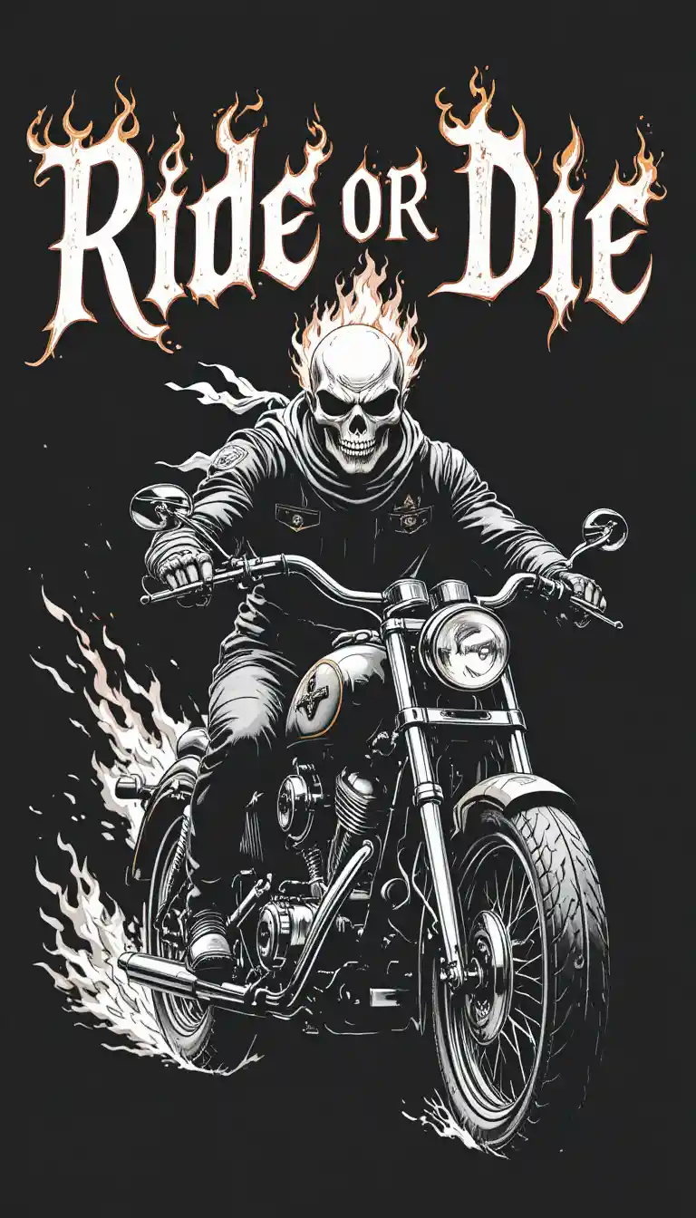 Jinete de calavera en llamas en motocicleta vintage en blanco y negro