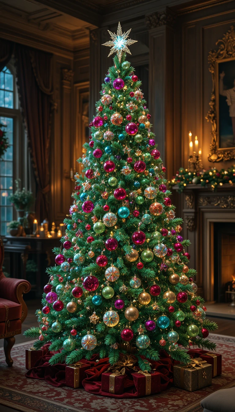 Luxurious crystal Christmas tree in a cozy living room