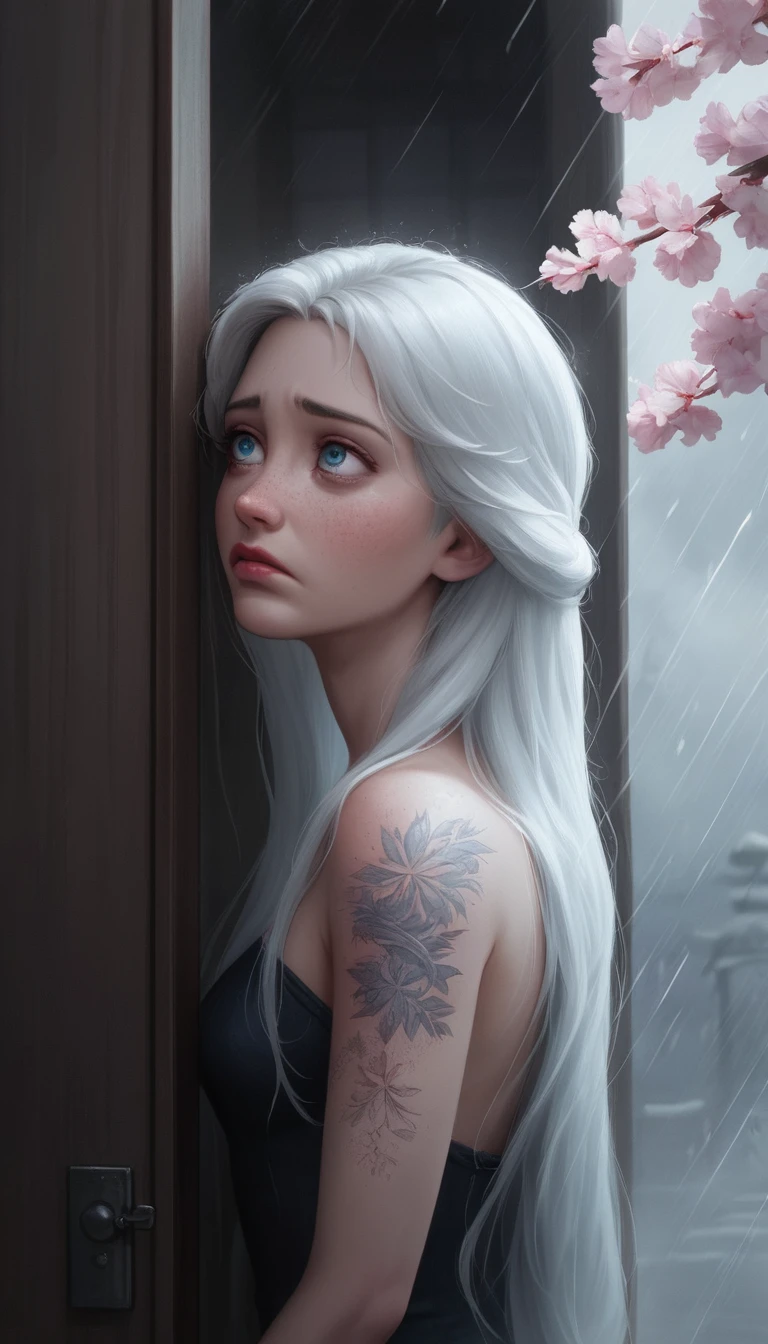 Mulher tatuada algemada contra uma parede descascada
