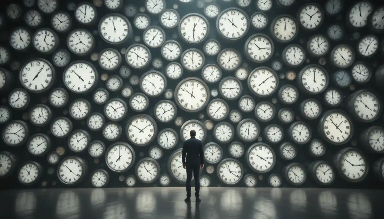 Person Before Giant Wall Of Clocks In Dramatic Light