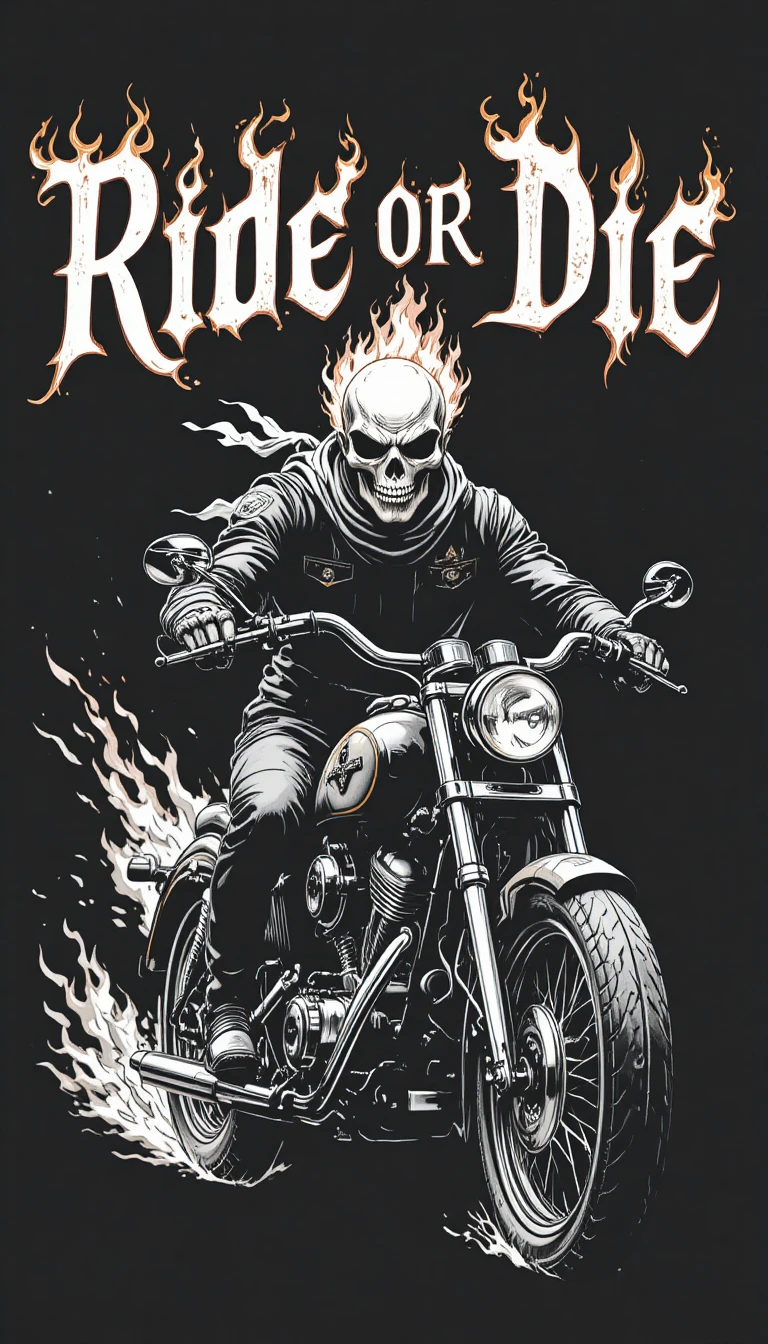 Jinete de calavera en llamas en motocicleta vintage en blanco y negro