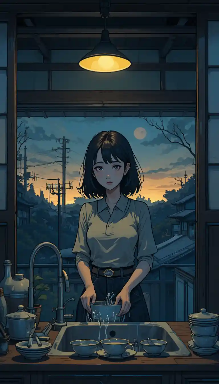 Teenage girl washing dishes in dim japanese kitchen