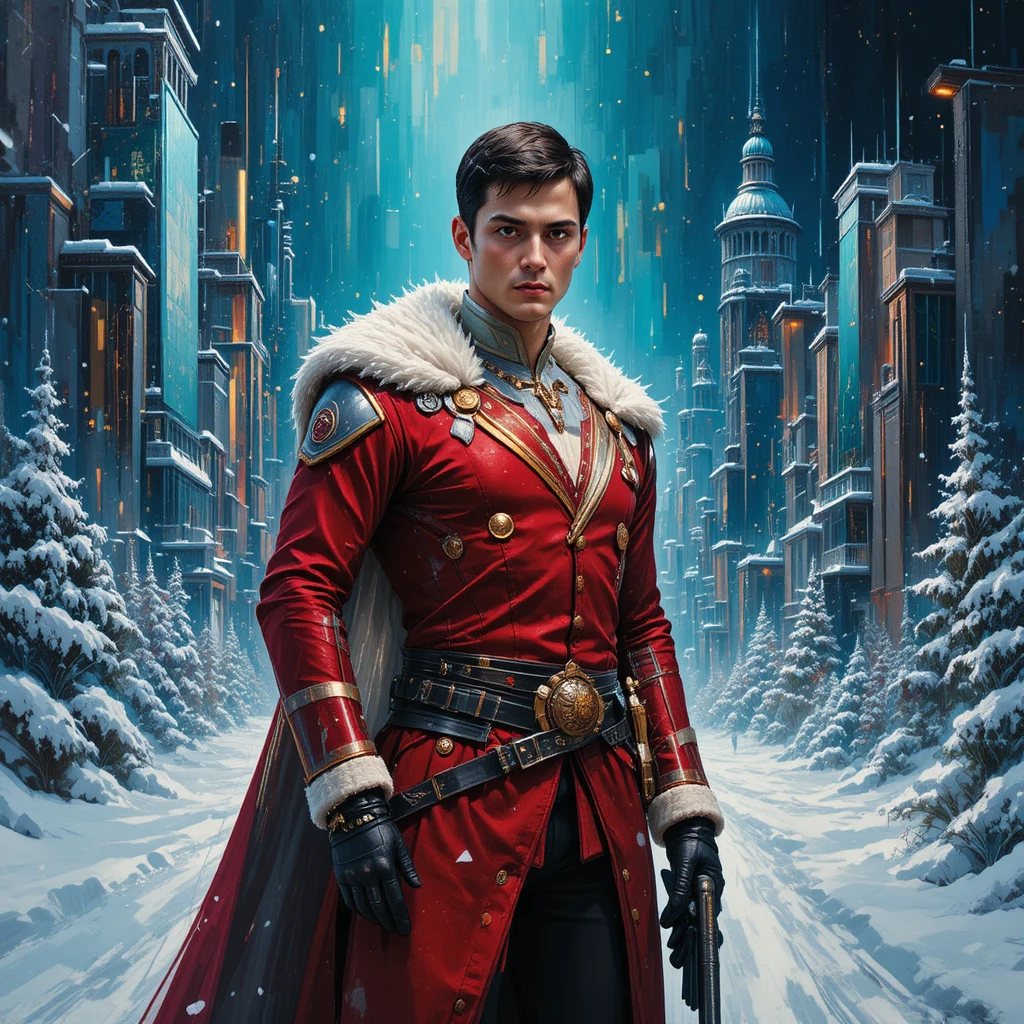 Futuristic Santa Claus in spacesuit with glowing sleigh