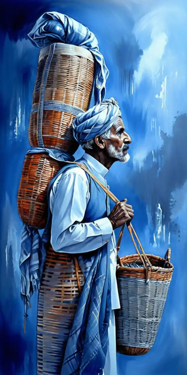 Elderly man in blue robe carrying woven baskets in profile