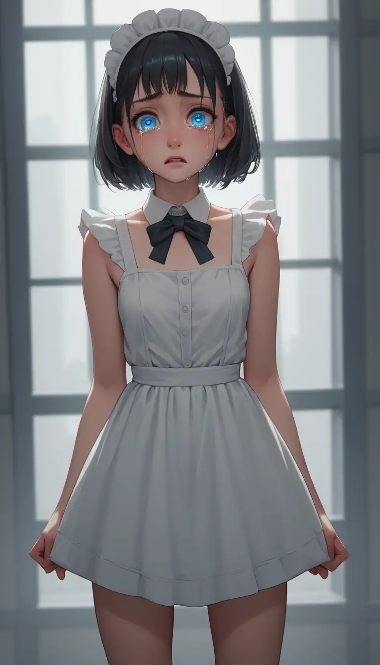 Sad anime schoolgirl in maid tank top in classroom
