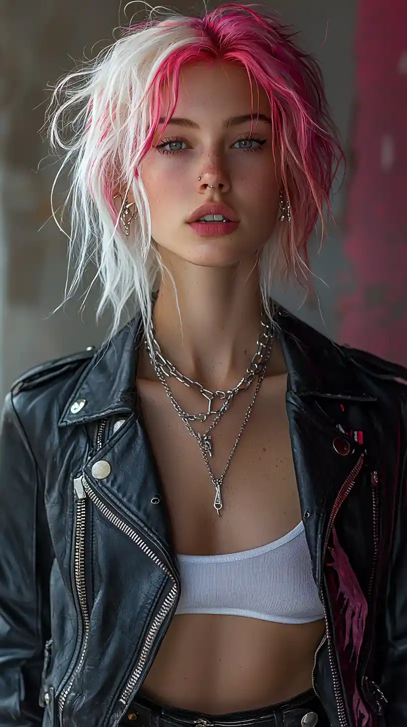 Punk woman in spiked leather jacket with bold makeup