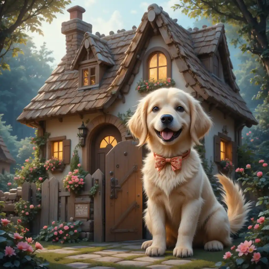 Cottage féerique avec golden retriever dans une douce lueur du soir