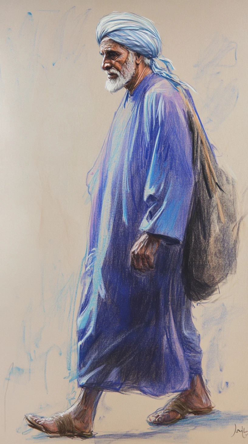 Elderly arab man in blue robe carrying woven baskets