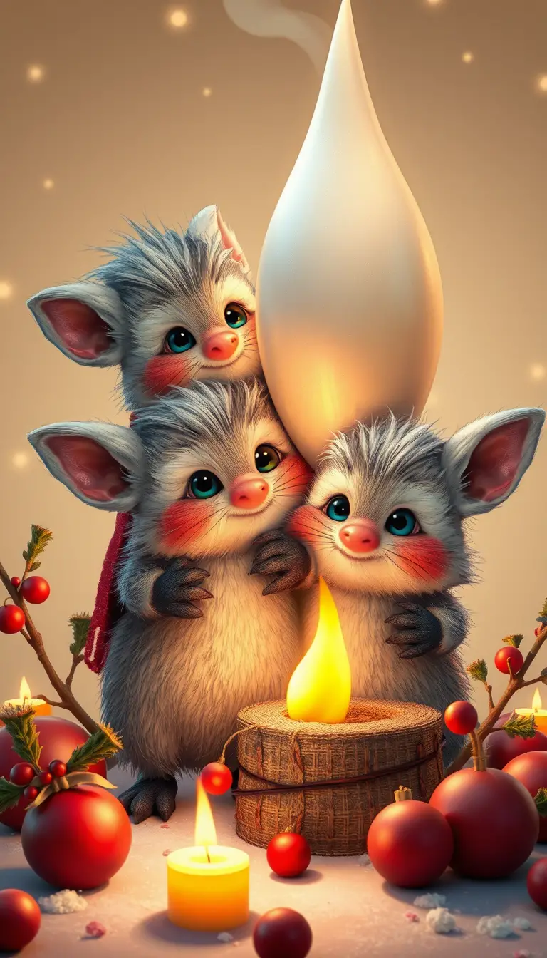 Two cute Christmas elves lighting a tall white candle