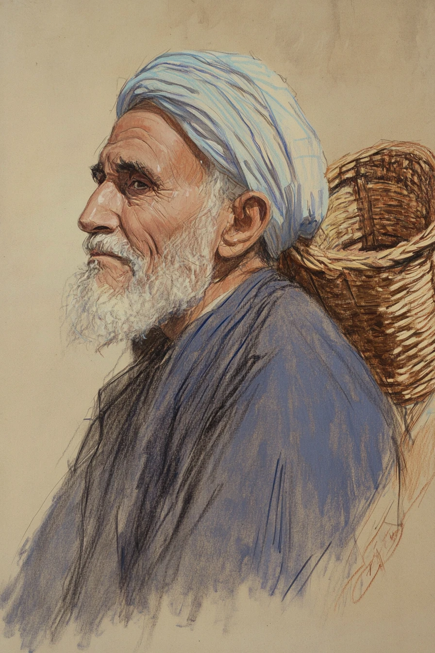 Disegno di profilo di un anziano con cesti intrecciati