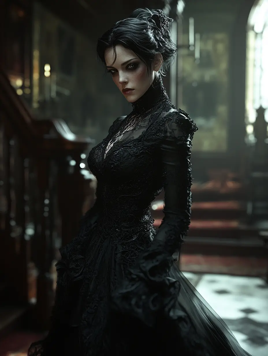 Demon hunter woman inside a gothic victorian interior