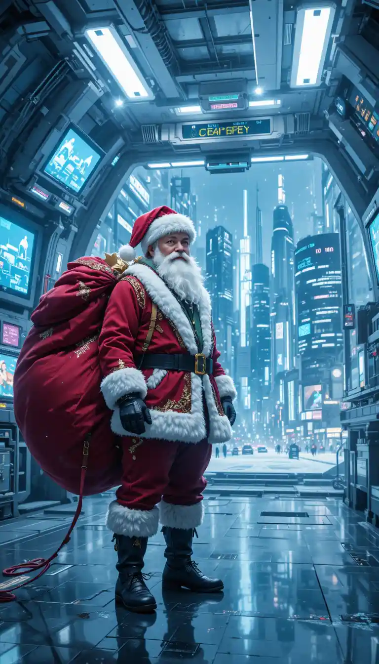 Babbo Natale Cyberpunk in Laboratorio High-Tech con Sacco di Regali