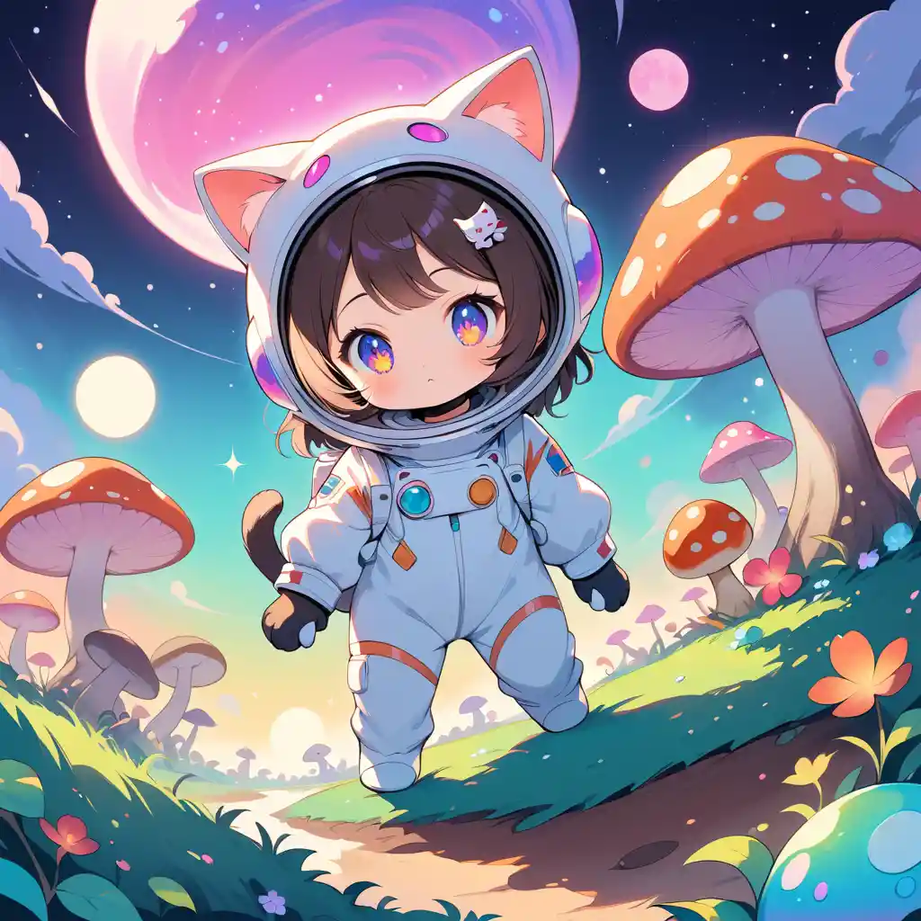 Tierno gato astronauta explorando un mundo alienígena onírico a la luz de la luna