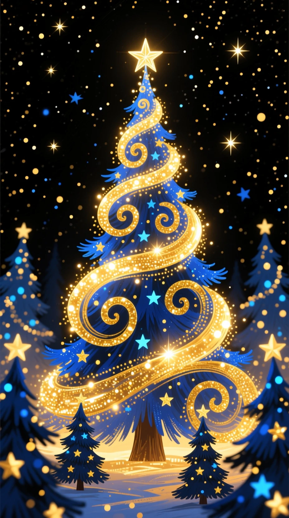 Golden light christmas tree against a dark starry sky