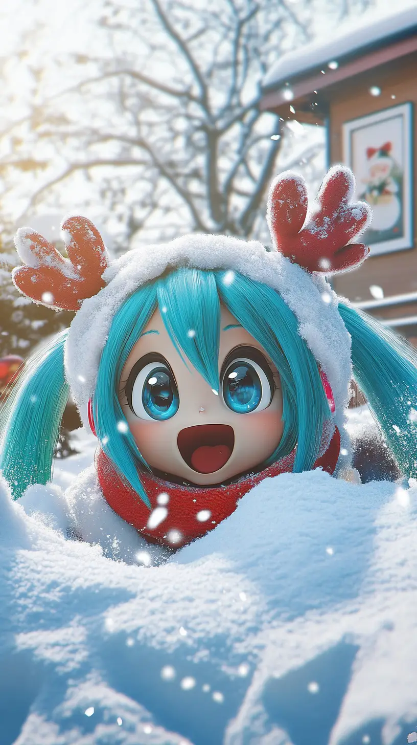 Joyful girl popping up from deep backyard snow