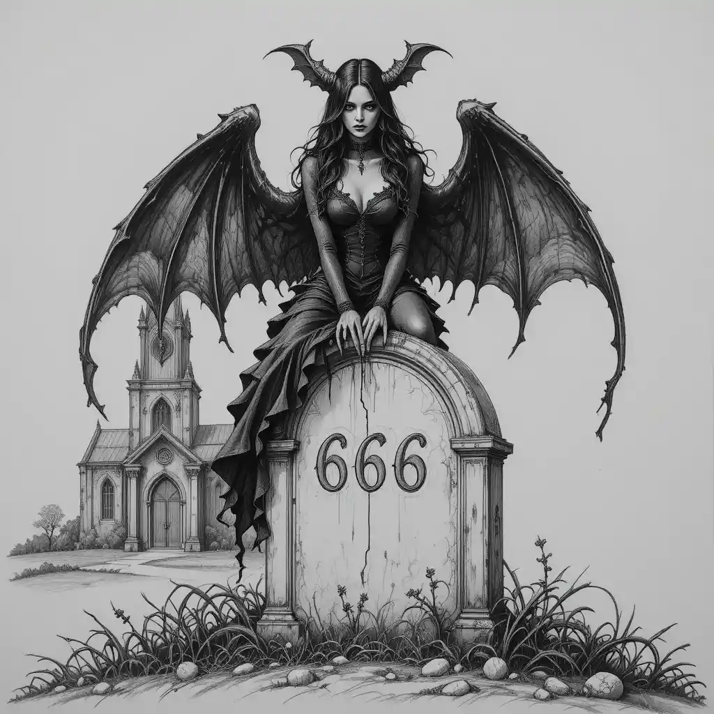 Vampira gótica com asas de morcego sobre uma antiga lápide