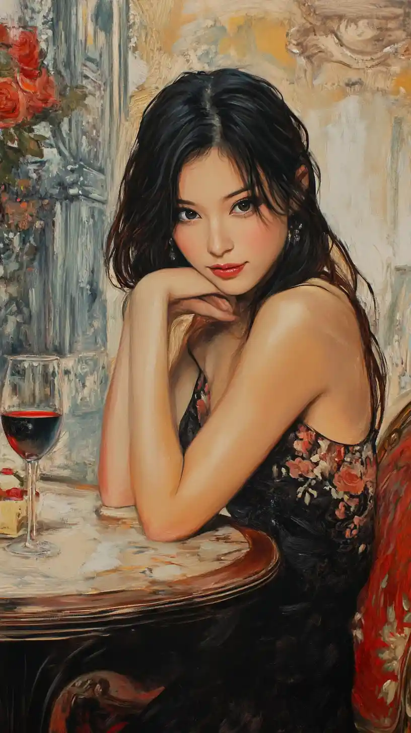 Elegant woman in red gown seated at a cafe table