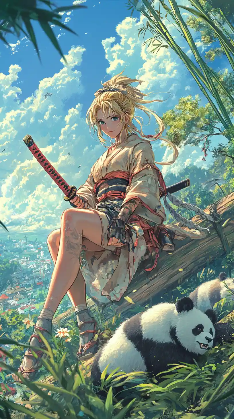 Blonde anime warrior woman resting in a bamboo grove
