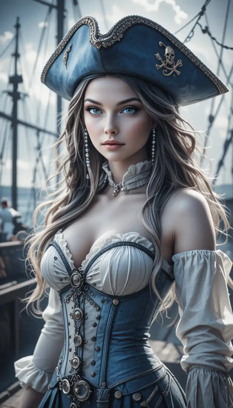 Blonde pirate woman on ship deck in cinematic light