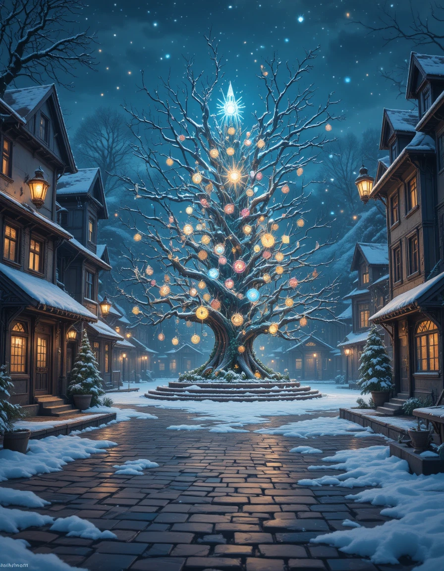 Magical crystal Christmas tree in a snowy empty square