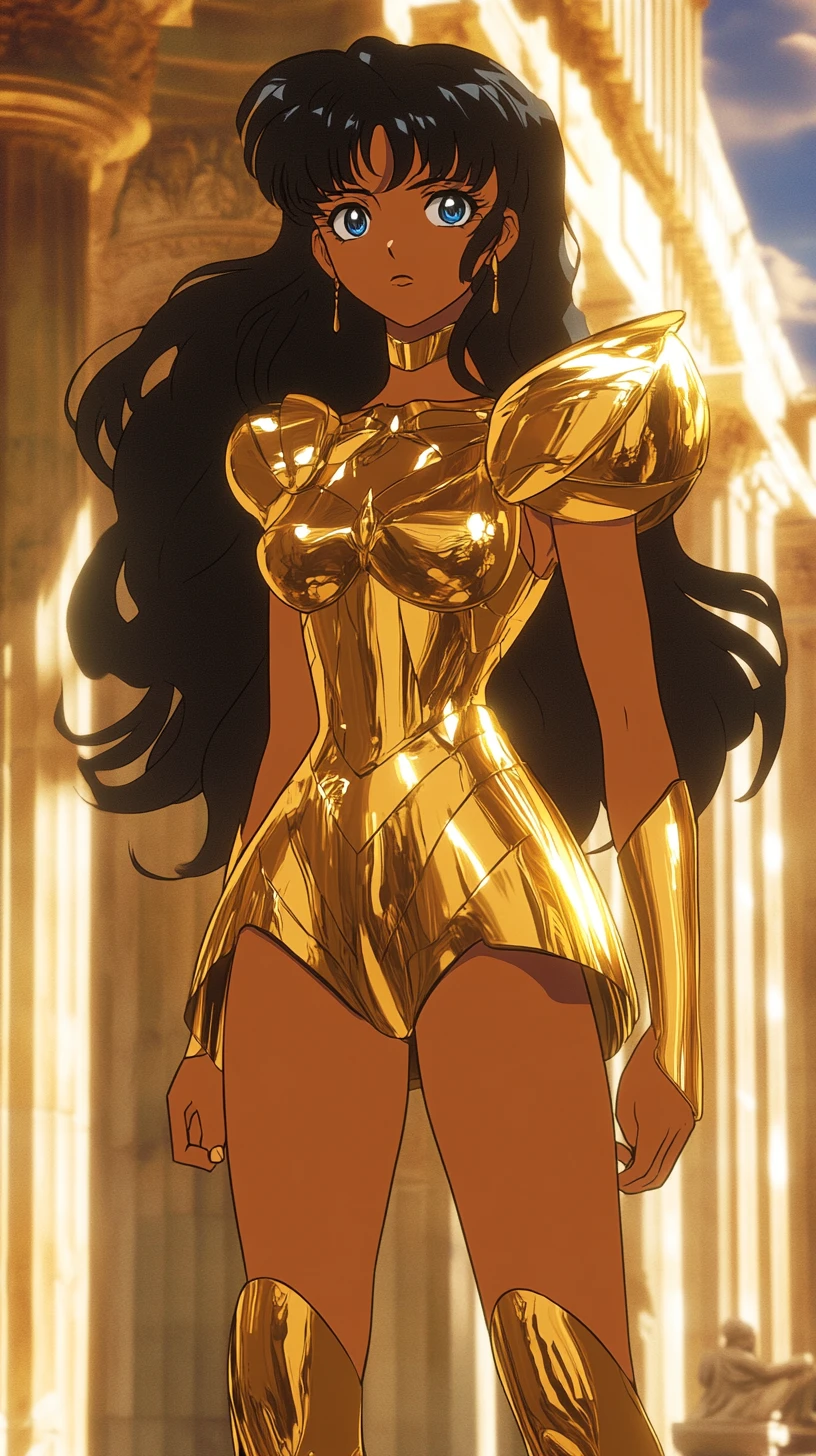 Mythological schoolgirl in golden armor at the Parthenon