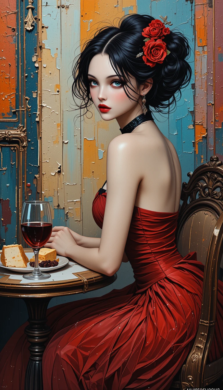 Elegant woman in red gown seated at a cafe table