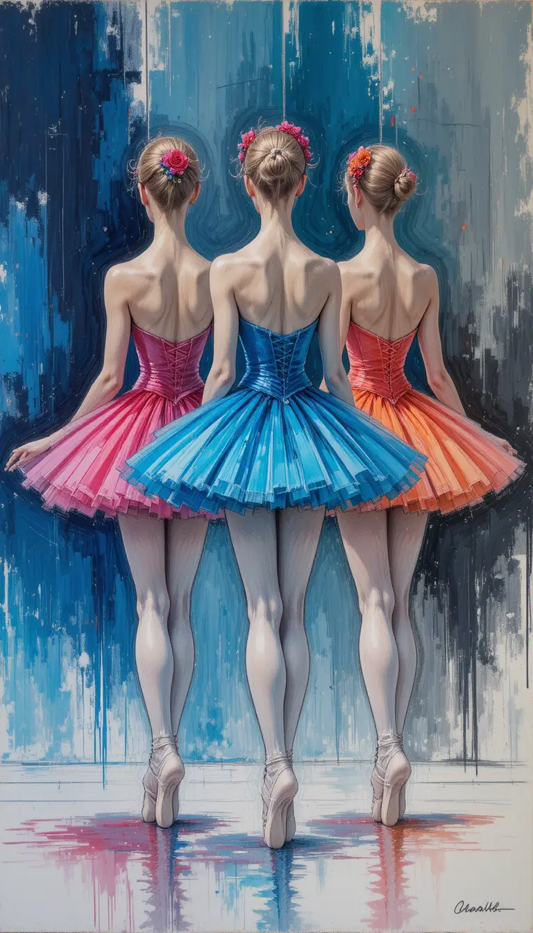 Impressionist painting of three ballerinas standing en pointe