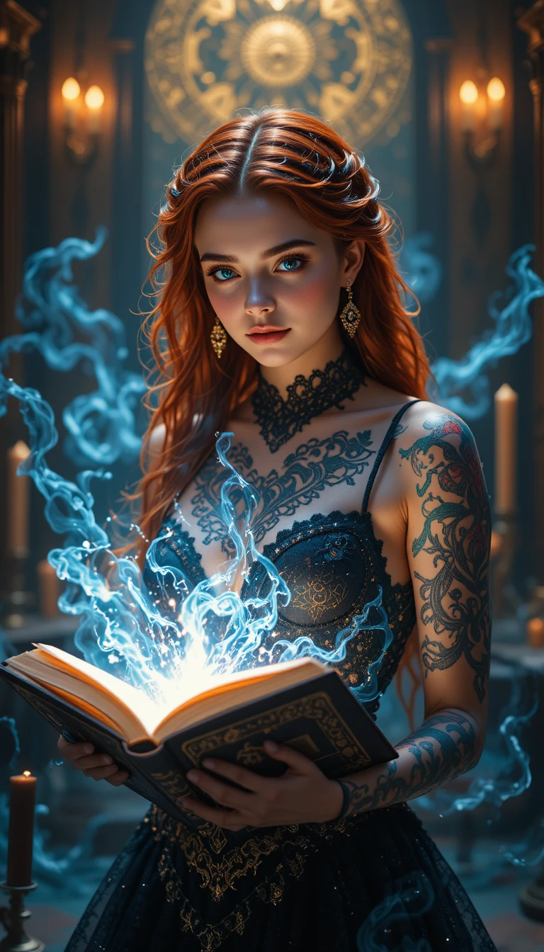Tattooed sorceress reading a glowing holy book