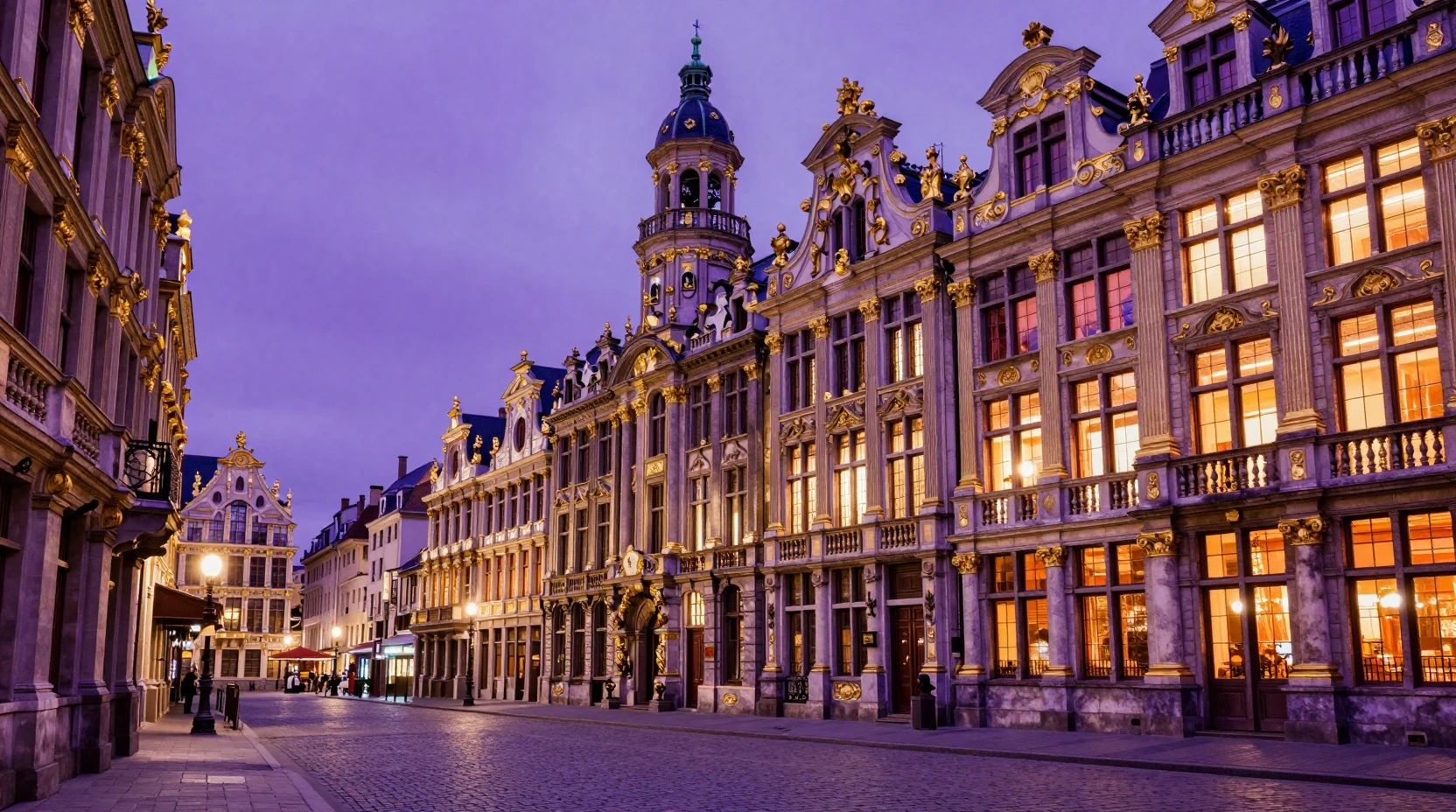 Barocke violette Stadt mit vergoldeter Architektur und leuchtenden Straßen