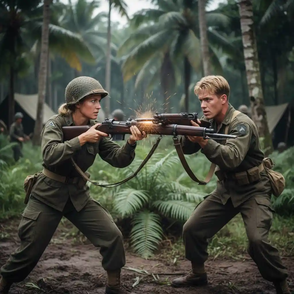 Us soldiers training bayonet combat with m1 rifles