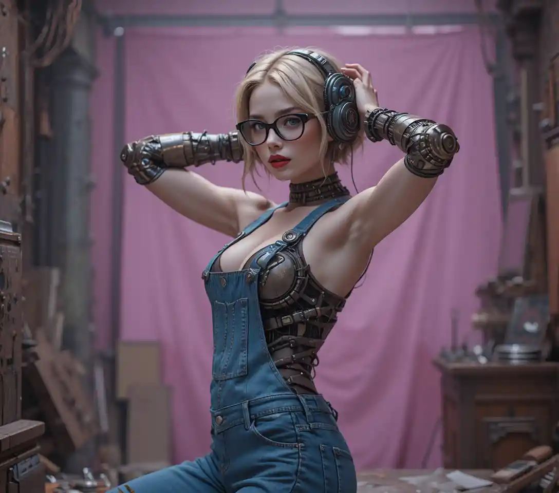 Mechanical steampunk feline made of gears in dark workshop