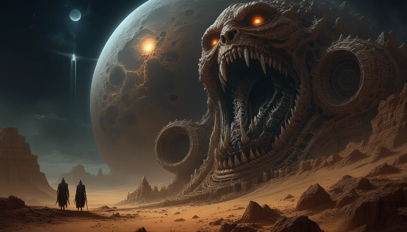 Temple colossal du désert au visage monstrueux sous trois lunes
