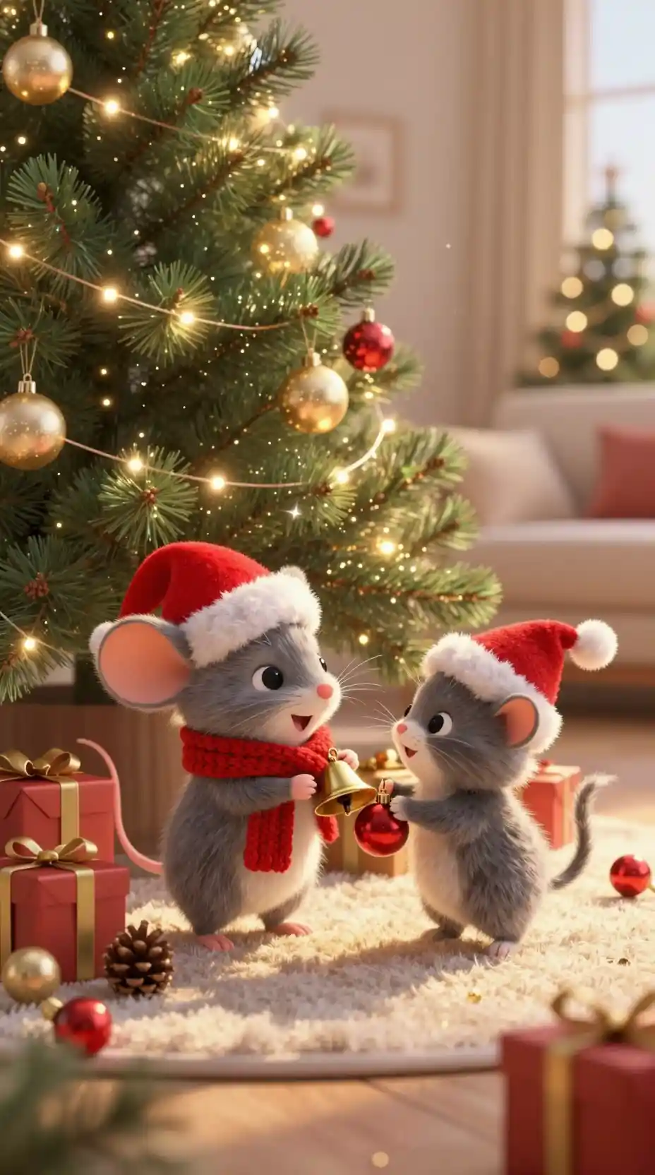 Cute kitten and tiny mouse under a glowing Christmas tree